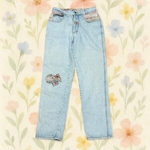 Vintage 90s Used by Elie Jeans Size 28 High Waist Mom Jeans Aztec Patch Denim